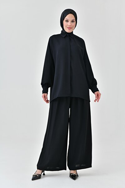 bayansepeti Black Long Sleeve Shirt and Pleated Wide Leg Black Pants Hijab Bottom-Top Set 2051