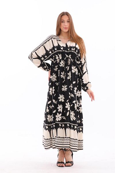 AYASOFYA OTANTIK Women's Black Ethnic Flower Patterned Long Dress with Elastic Sleeve and Balloon Sleeves