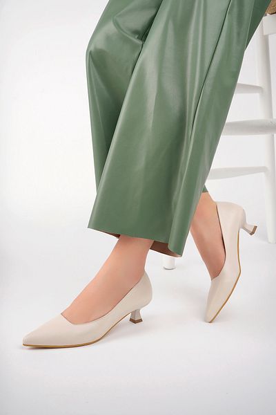 Deripabuc Genuine Leather Beige Women's Leather Heeled Shoes Trc-63817