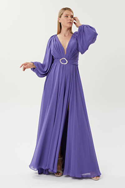 HaHelin Belden Kemer   Detaylı Şifon Uzun Abiye Elbise