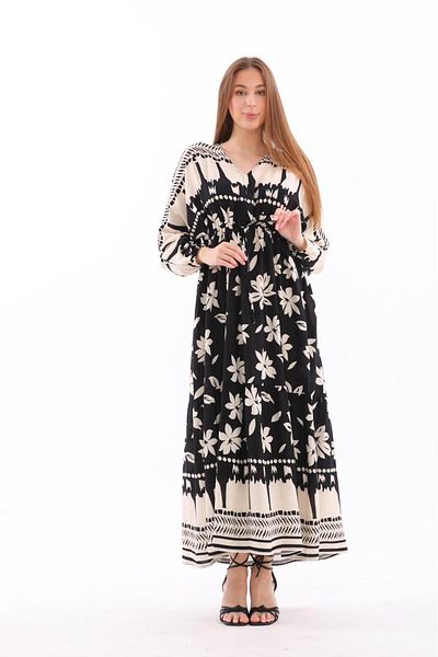 AYASOFYA OTANTIK Women's Black Ethnic Flower Patterned Long Dress with Elastic Sleeve and Balloon Sleeves