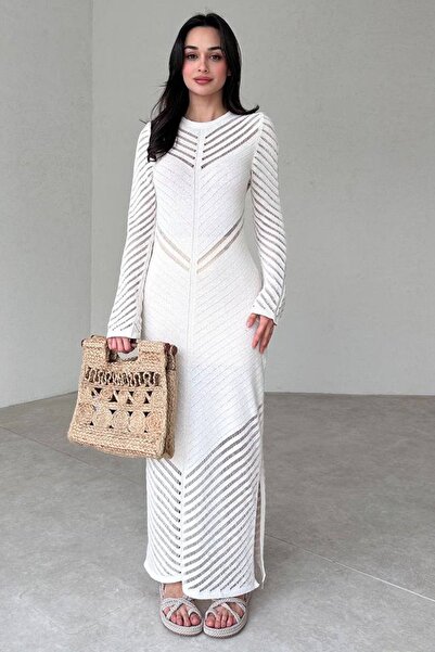 bayansepeti Rochie maxi cu mânecă lungă, cu mâneci lungi, cu decolteu rotund și cu mâneci lungi, albă, elastică 097