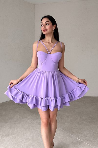 lovebox Damen Atlas Stoff Rüschen Design Lila Mini Abendkleid mit Brustpolster Rock 098