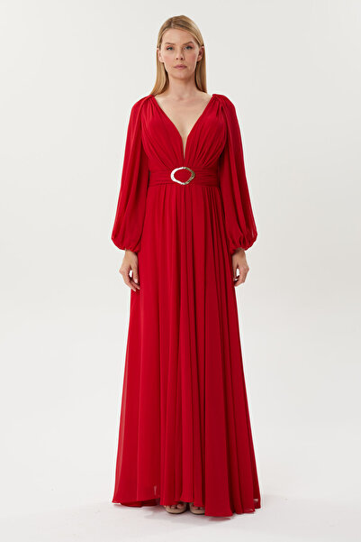 HaHelin Belden Kemer   Detaylı Şifon Uzun Abiye Elbise