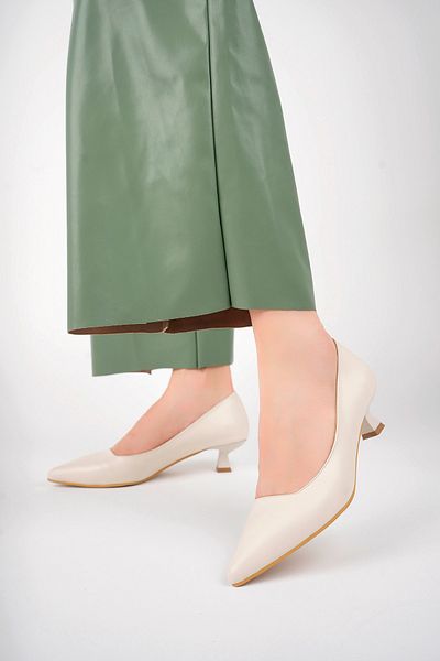 Deripabuc Genuine Leather Beige Women's Leather Heeled Shoes Trc-63817