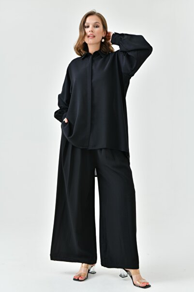 lovebox Women's Black Long Sleeve Shirt and Pleated Wide Leg Black Pants Bottom-Top Set 2051