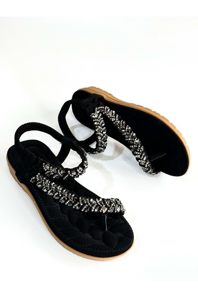 Guja Ba04521 Siyah Taşlı Parmak Arası Ful Ortopedik Ithal Lastikli Sandalet - Siyah - 37