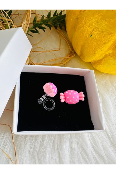 1PARÇAMAVİ Pink Candy Transparent Clip Children's Earrings - for Non-perforated Ears