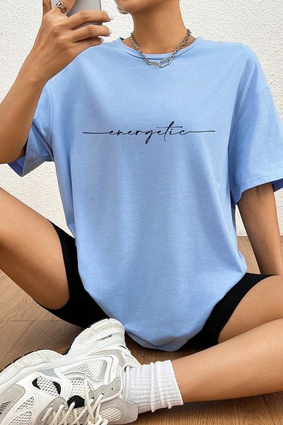 MODAGEN Tricou oversize cu imprimeu energizant, unisex, cu gât crew