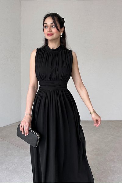 lovebox Damen Chiffon Stoff Stehkragen Rücken Tief ausgeschnittenes Design Ärmellos Schwarz Maxi Abendkleid 099