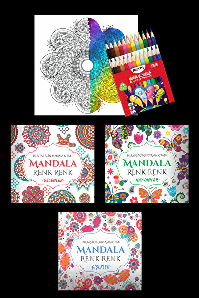 My Think Mandala Boyama Seti 3 Kitap + 12'li Kuru Boya Hediyeli
