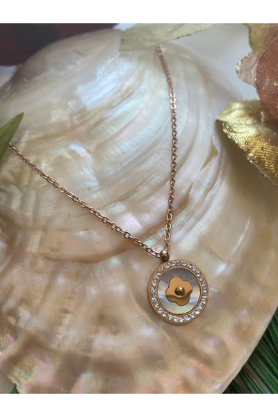 TAKBİ SEDEFLİ VE TAŞLI ROSE GOLD RENK ÇELİK KOLYE