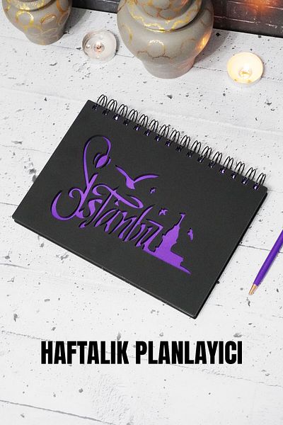 markcat Caiet de planuri din lemn negru de design Istanbul - Agenda nedatat - Caiet de planificare săptămânală - A5