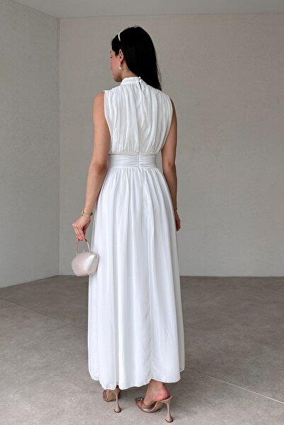 lovebox Rochie de seară maxi, albă, fără mâneci, pentru femei, din țesătură din șifon, cu guler la spate, decoltat, 099