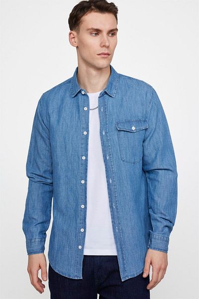 Tudors Slim Fit Long Sleeve Slim Fit Single Pocket Capped Cotton Denim Blue Shirt