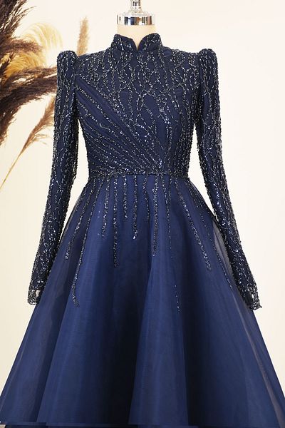 Surikka Draped Front Applique Embroidered Mila Evening Dress - Navy Blue