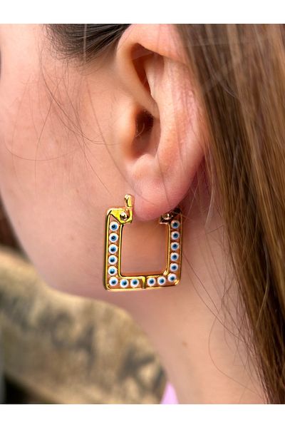 ByMerve Bym082 Steel Water Resistant Square 3 Cm Blue Evil Eye Beaded Rose Gold Women's Steel Earrings