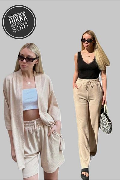 AFROGİYİM Set de 3 piese pentru femei, culoare uni, cu croiala relaxată, kimono, pantaloni scurți, pantaloni, cardigan, costum de jos