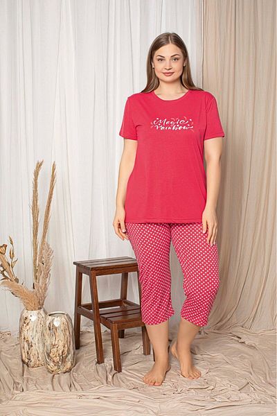 bie's Pomegranate Flower Star Round Neck Buttonless Viscose Wide Oversize Large Size Capri Pajamas Set with Pockets