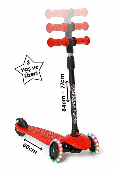 Şeker Adası Kaliteli Kırmızı Çocuk Scooter Star Led Işıklı 3 Teker Yükseklik Ayarlı Dragon Scooter