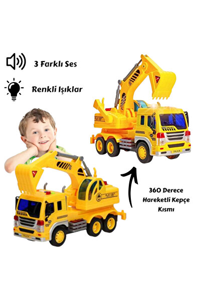 YILDIRIM OYUNCAK Plastik Gövde 3 Farklı Ses Sürtmeli Sesli Işıklı 28 cm İnşaat Aracı Kepçeli 360° Dönen