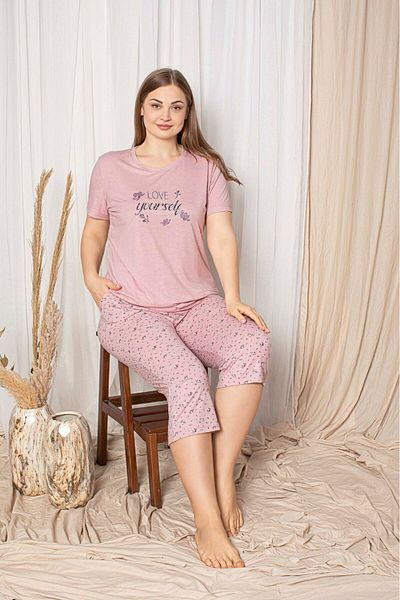bie's Dried Rose Floral Round Neck Buttonless Viscose Wide Oversize Large Size Capri Pajamas Set with Pockets