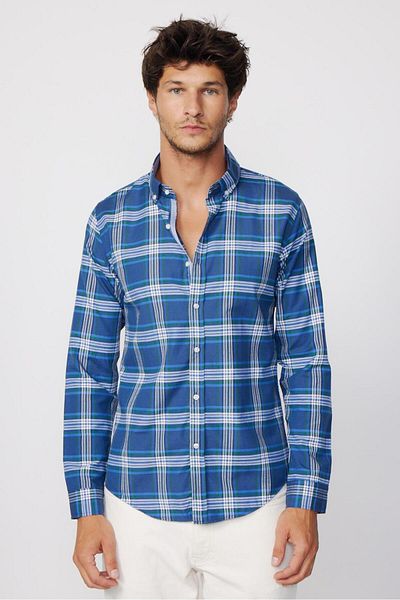 Tudors Slim Fit hosszú ujjú gombos gallérral kockás pamut Easy Iron férfi ing