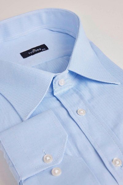 Tudors Large Size Long Sleeve Easy Ironing Tie Holder Dobby Cotton Men's Blue Shirt
