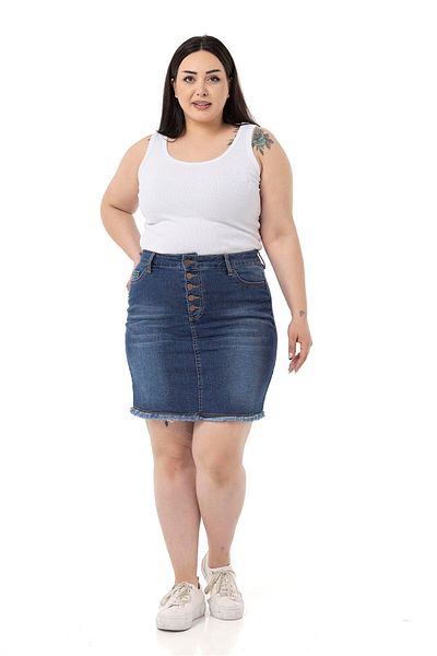 DISENTIS MODEST Plus Size Skirt Tasseled Button Detailed Blue Denim Mini Skirt