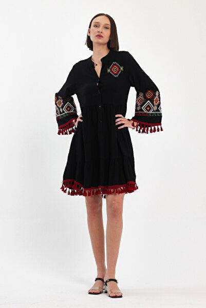 NUR TEKSTİL kadın siyah 100% viskon pamuklu Ponponlu Çiçek Nakışlı etnik -ota...