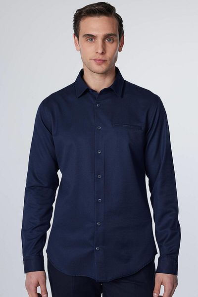 Tudors Тъмно синя мъжка риза Slim Fit с дълъг ръкав Fleto с един джоб Dobby Cotton