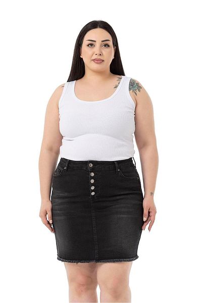 DISENTIS MODEST Plus Size Skirt Tasseled Button Detailed Black Denim Mini Skirt
