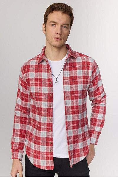 Tudors Зимна мъжка риза в стил Lumberjack Tile-white SlimFit - с дълъг ръкав и SlimFit