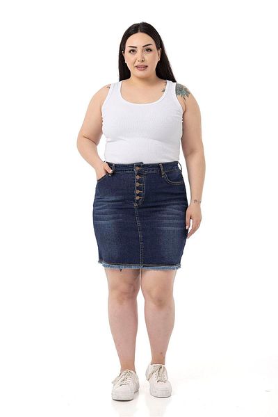 DISENTIS MODEST Plus Size Skirt Tasseled Button Detailed Navy Blue Denim Mini Skirt