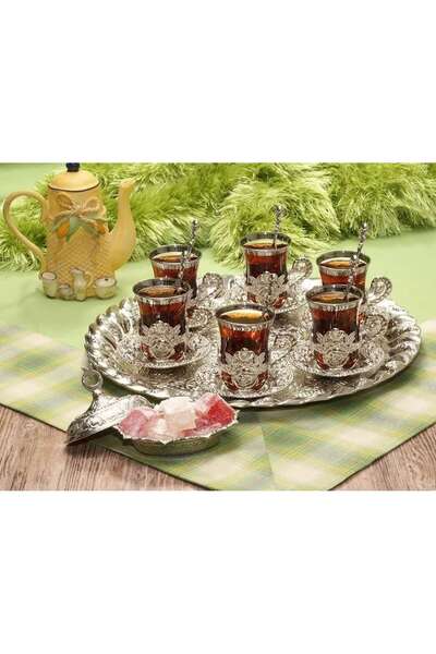 İnova Home Decor Yeni Gümüş Renk   Altı Kişilik Tepsi ve Kaşıklı Çay Seti