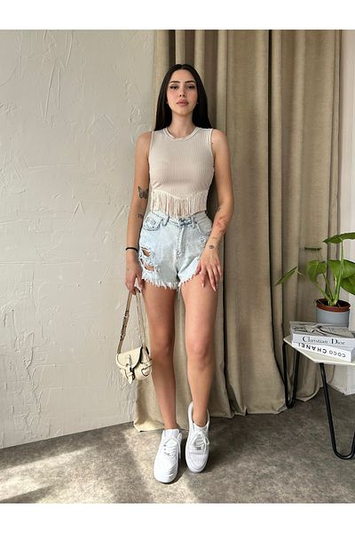 Fav Style Γυναικείο αμάνικο μπλουζάκι με φούντα με λαιμόκοψη μπεζ