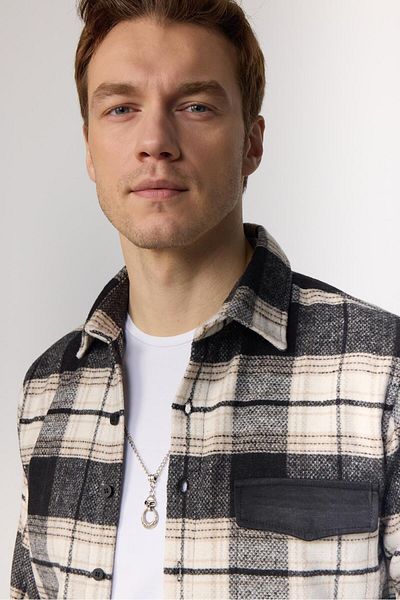 Tudors Slim Fit Long Sleeve Slim Fit Sports Collar Checked Winter Lumberjack Ecru-black Men's Shirt