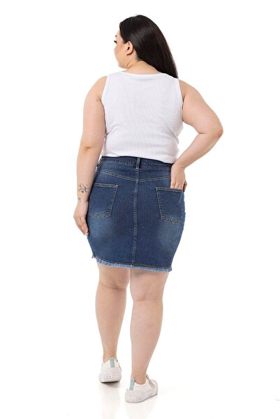 DISENTIS MODEST Plus Size Skirt Tasseled Button Detailed Blue Denim Mini Skirt