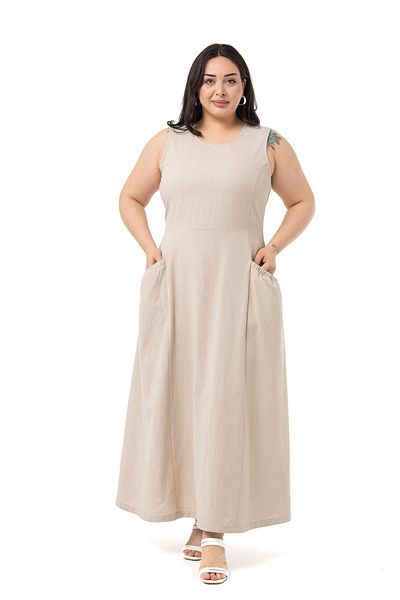 DISENTIS MODEST Large Size Linen Long Beige Dress with Rubber Shirred Detail on Pocket and Back Waist
