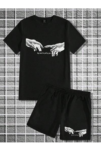 Revasser Unisex Γυναικεία/Ανδρικά Μαύρα Σετ μπλουζάκια με εμπριμέ σορτς