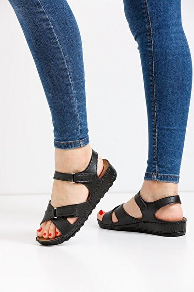 CekModa Women's Mother Velcro Orthopedic Ultra Soft Sole Summer Sandals - BLACK