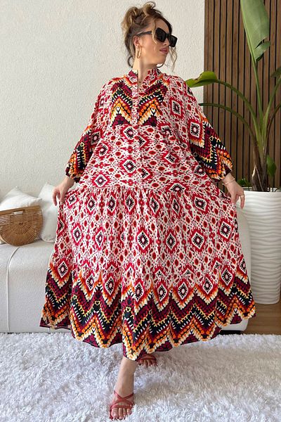 AYASOFYA OTANTIK Women's Orange Button Detailed Placket Collar Balloon Sleeve Ethnic Patterned Long Dress