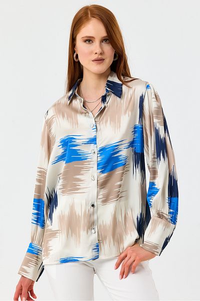 MD trend Cămașă oversize din satin cu șnur, cu mânecă cu balon, cu modele multicolore pentru femei
