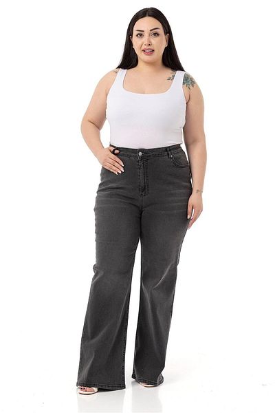 DISENTIS MODEST Large Size High Waist Spanish Leg Anthracite Denim Trousers