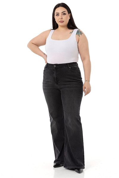 DISENTIS MODEST Plus Size High Waist Spanish Leg Black Denim Trousers