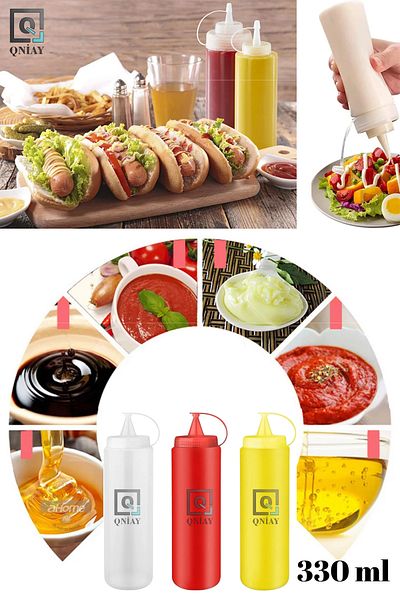 QNİAY وعاء زيت ملون 3 قطع على الطاولة 330 مل صلصة زيت زيتون كاتشب مايونيز مجموعة مقهى مطعم منزلي