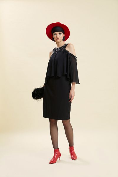 VERDA Off-the-Shoulder Flounce Sleeves Embroidered Collar Evening Dress