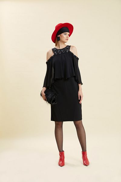 VERDA Off-the-Shoulder Flounce Sleeves Embroidered Collar Evening Dress