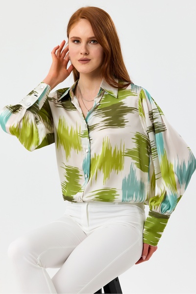 MD trend Γυναικείο σατέν πουκάμισο με πολύχρωμο σχέδιο με μανίκια ώμου με κορδόνι