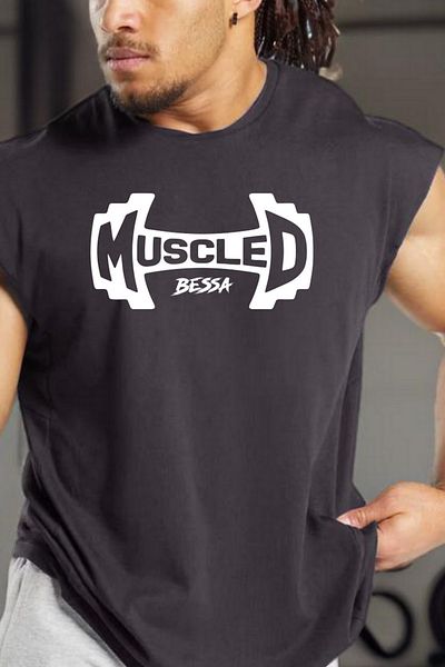 BESSA قميص رياضي رجالي من القطن برقبة دائرية كبيرة الحجم مطبوع عليه Muscled بدون أكمام